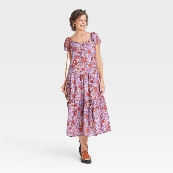 Knox Rose Women's Dress Medium Purple Short Sleeve Floral Print Midi Ruffle New - Picture 12 of 12